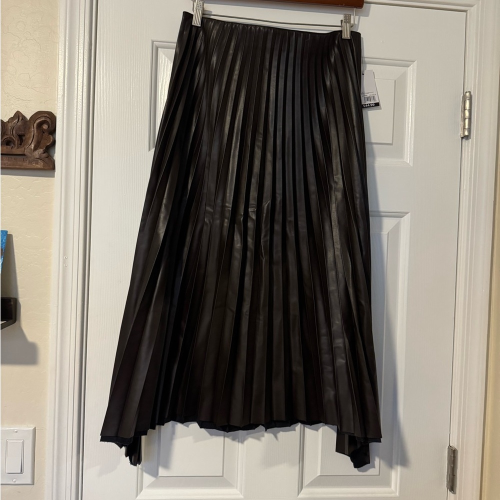 Nine West Black Pleated Faux Leather Midi Skirt